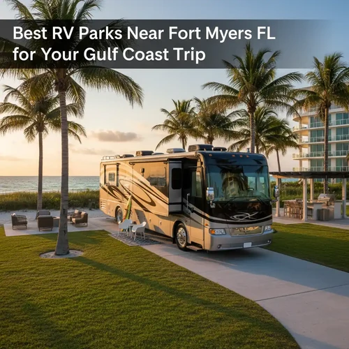 A luxury RV parks under palm trees at a Florida Gulf Coast resort during a golden hour sunset near Fort Myers.