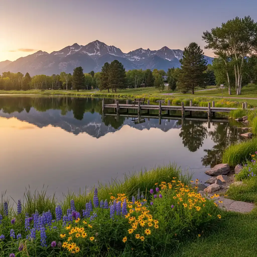 A wooden dock extends into a calm Colorado lake reflecting golden hour mountains and shoreline wildflowers in Loveland.