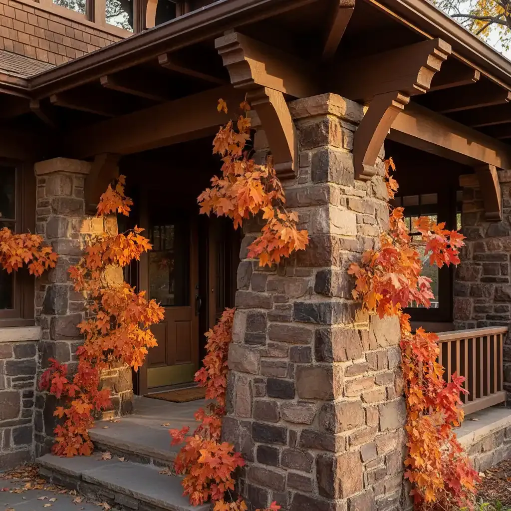 Craftsman bungalow porch in Loveland with stone columns and wood beams framed by vibrant red and amber autumn leaves.