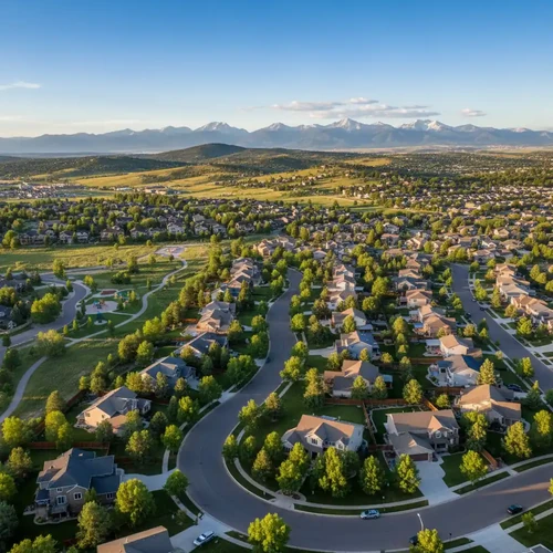 Aerial view of a quiet Loveland neighborhood with green lawns and tree-lined streets set against snowy mountain peaks.