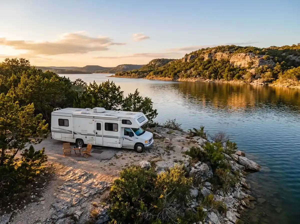 A white RV parked lakeside at golden hour amid limestone hills and cedar trees in a Texas state park.