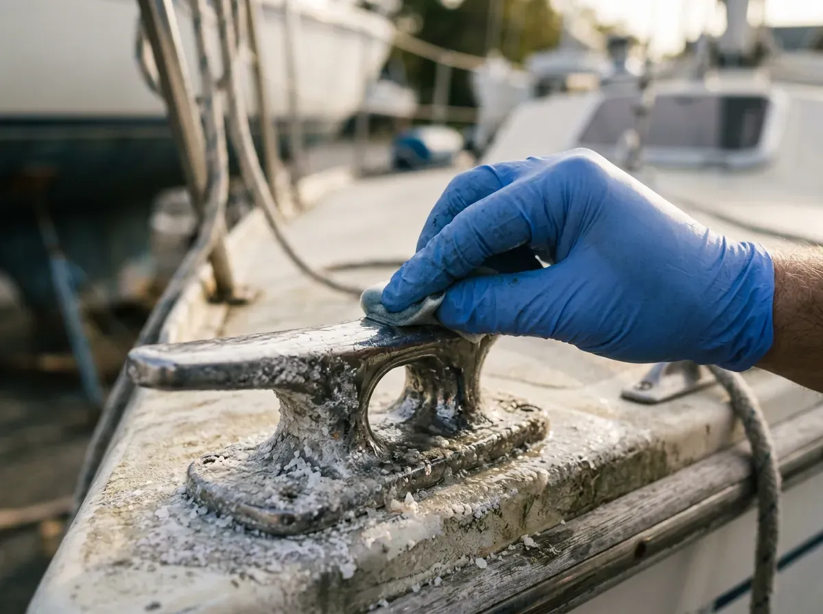 Gloved hand applies protective coating to a salt-crusted stainless steel marine fitting in warm afternoon light.