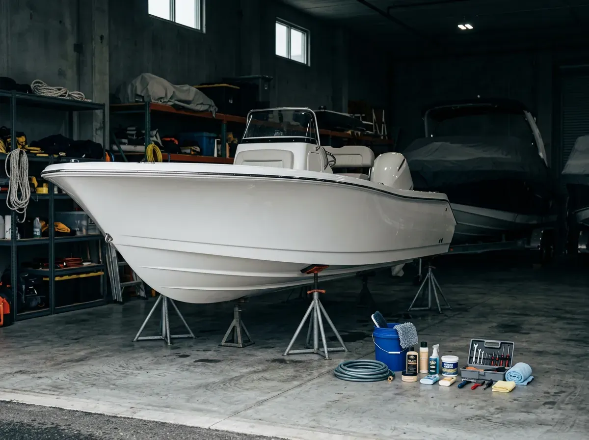 A fiberglass boat on jack stands in a garage, hull gleaming after rinsing, with tools and buckets nearby.