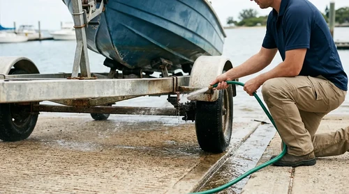 A corroded aluminum boat trailer on a concrete ramp being rinsed with fresh water to remove ocean salt buildup.
