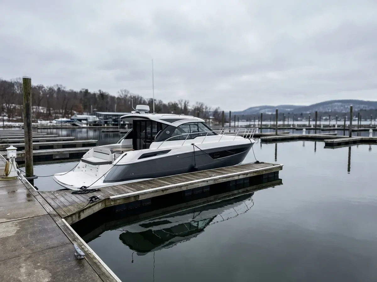 A sleek motorboat sits idle at a quiet winter marina, reflecting silver tones on calm, glassy water.