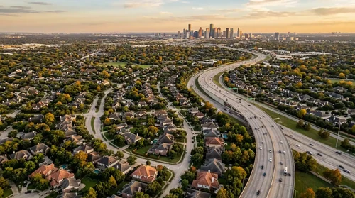 Aerial view of Houston suburbs in golden autumn light with curving highways and terracotta rooftops among green trees.