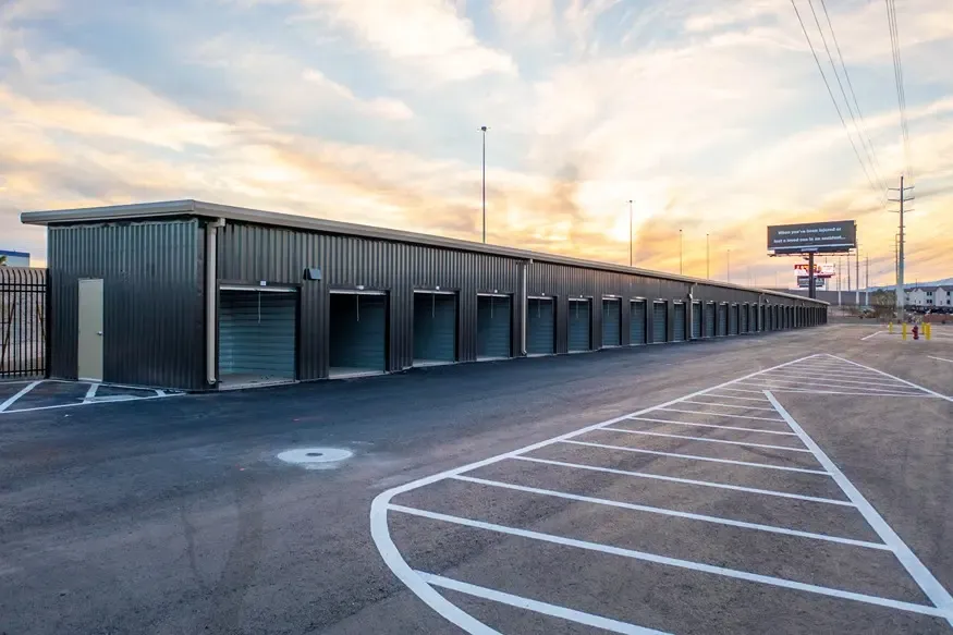 Outdoor rollup storage units.
